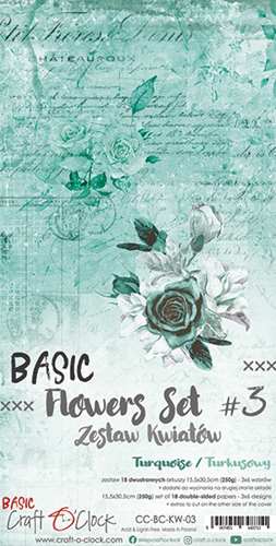 Basic Flowers Set 3, Turquise, extras to cut, 15,5x30,5cm, mirror print (18 sheets, 6 designs, 3x6 double-sided sheets + bonus design on the cover, 250g)