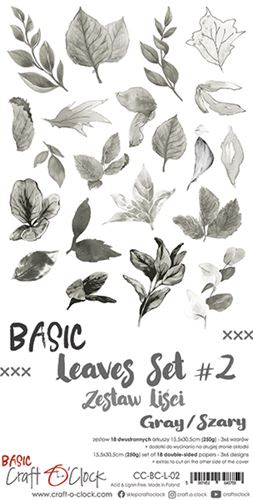 Basic Leaves Set 2, Grey, extras to cut, 15,5x30,5cm, mirror print (18 sheets, 6 designs, 3x6 double-sided sheets + bonus design on the cover, 250g)