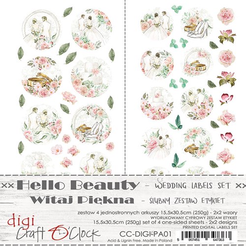 Digi Label Set - Wedding, Hello Beauty, 15,5x30,5cm (4 sheets, 2 designs, 2x2 one-sided sheets, 250g)