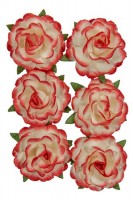 Handmade mulberry Jubilee roses, dia ~3cm, stem 6cm, 6 pcs, WHITE-RED