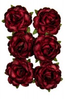 Handmade mulberry Jubilee roses, dia ~3cm, stem 6cm, 6 pcs, BORDEAUX