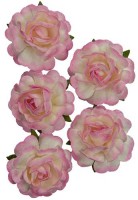Handmade mulberry Jubilee roses, dia ~3,8cm, stem 6cm, 5 pcs, WHITE-PINK
