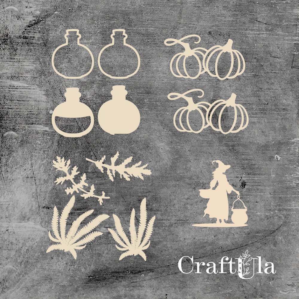 Set of Chipboard the Witch with a shaker 3 ( largest 7x4x0,15cm) Set of Chipboard the Witch with a shaker 3 ( largest 7x4x0,15cm)