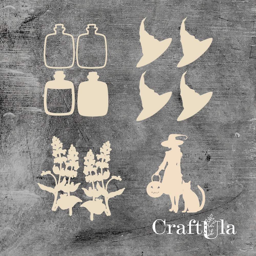 Set of Chipboard the Witch with a shaker 4 ( largest 7x5x0,15cm) Set of Chipboard the Witch with a shaker 4 ( largest 7x5x0,15cm)