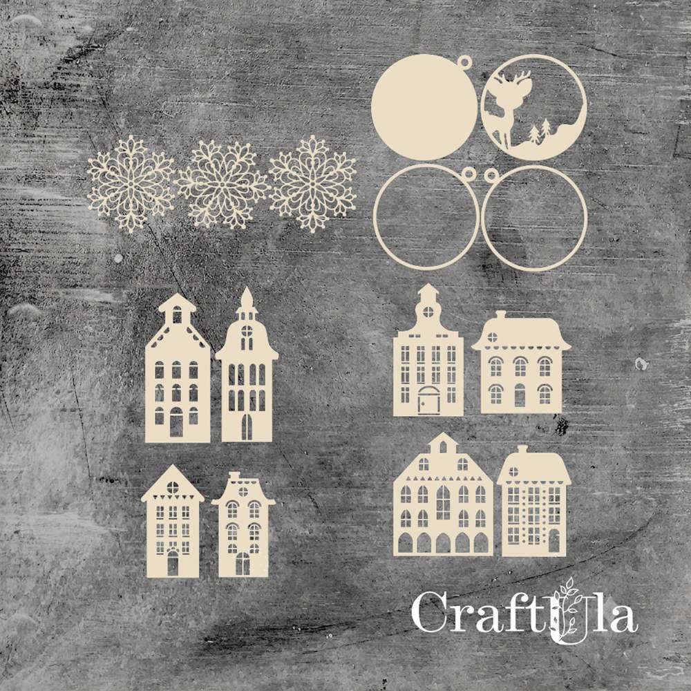 Set of Chipboard Winter Houses with a shaker 1045 (largest 8,5x3,5x0,15cm) Set of Chipboard Winter Houses with a shaker 1045 (largest 8,5x3,5x0,15cm)
