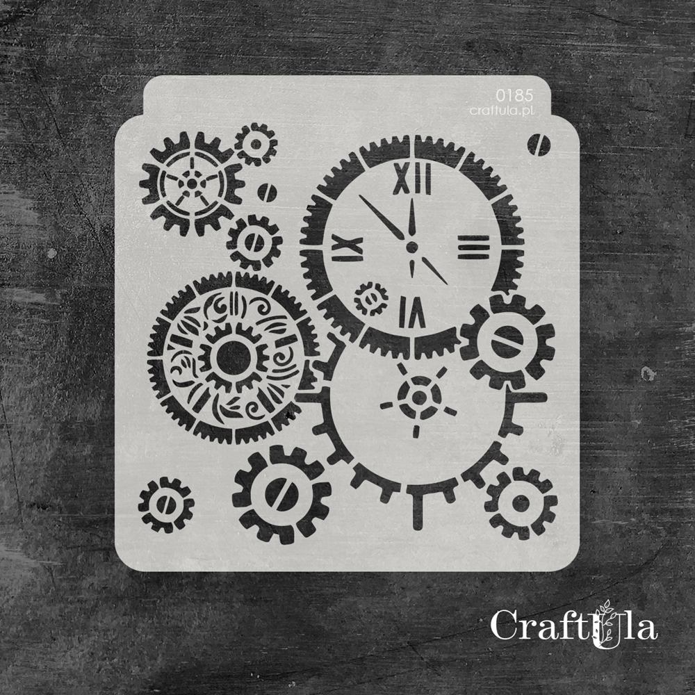 Stencil 185 – Clock and Gears, 15x16 cm x 0,35 mm, semi-translucent