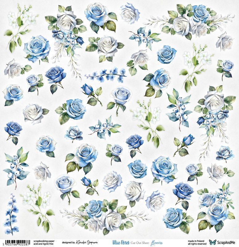 One-sided paper 30,5x30,5 cm Blue Roses – Flowers, 250 gsm, (1 sheet)