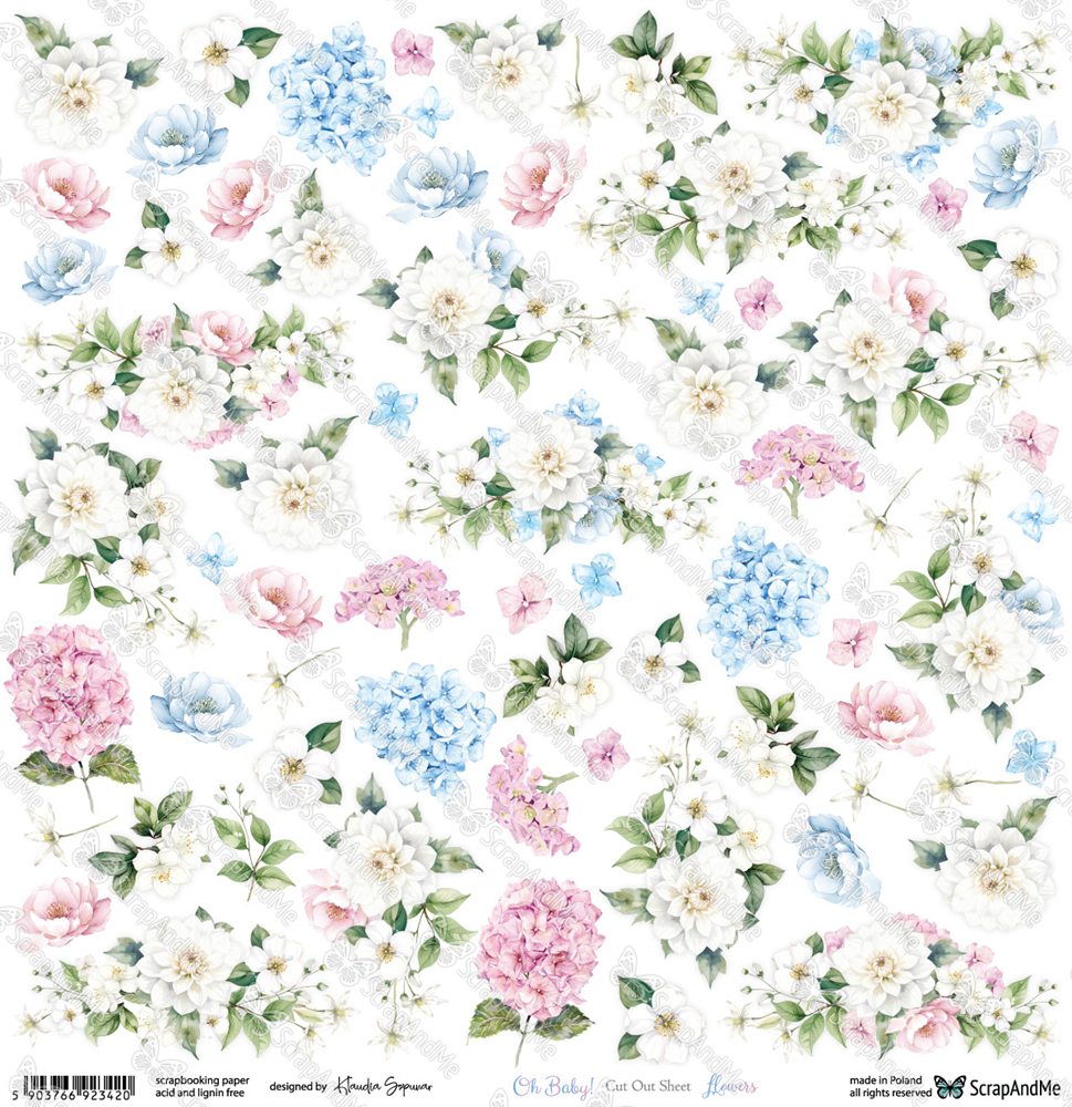 One-sided paper 30,5x30,5 cm Oh Baby – Flowers, 250 gsm, (1 sheet)