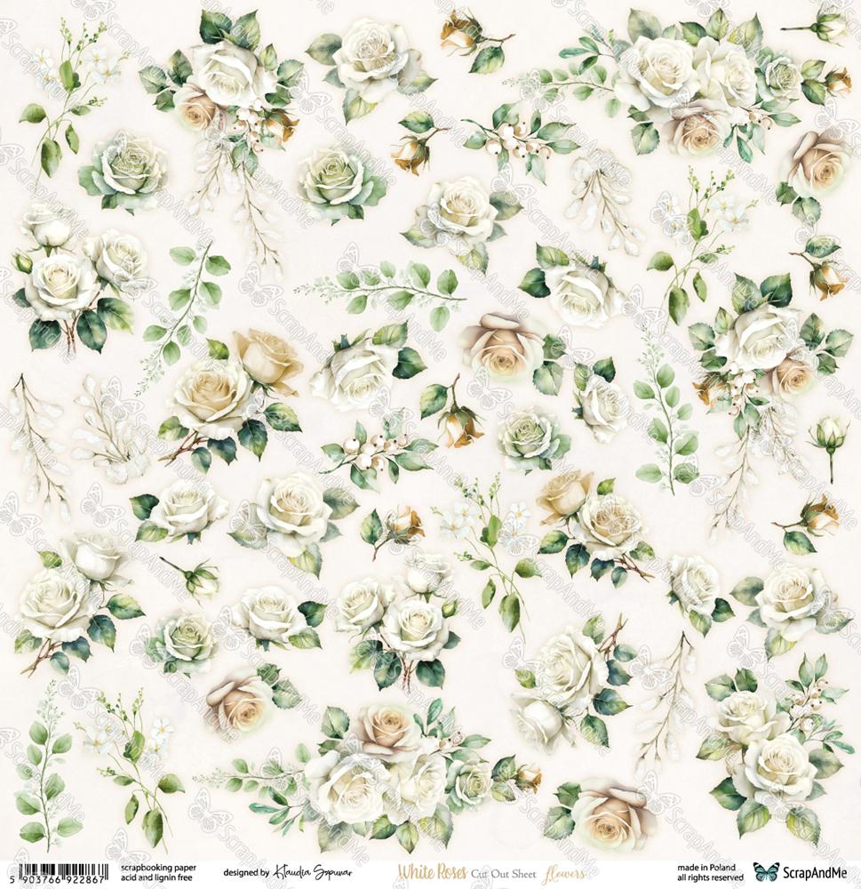 One-sided paper 30,5x30,5 cm White Roses – Flowers, 250 gsm, (1 sheet)