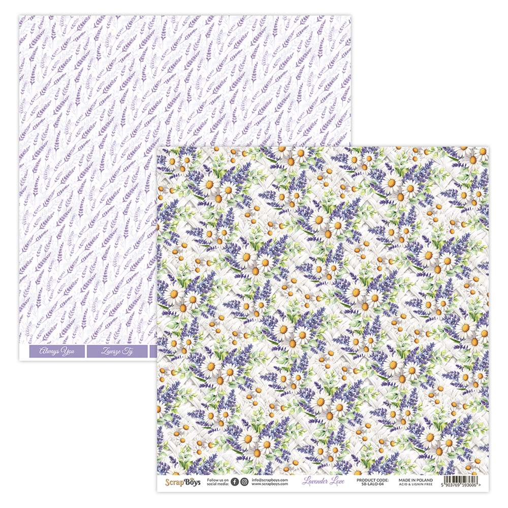 Double-sided paper 30,5x30,5cm Lavender Love - 04, 250 gsm (1 sheet)