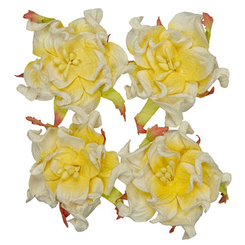 Handmade mulberry Gardenia, dia ~5cm, 4 pcs, WHITE-YELLOW