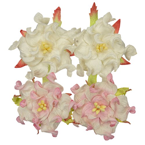 Handmade mulberry Gardenia, dia ~5cm, 4 pcs (2x WHITE, 2x WHITE-PINK)