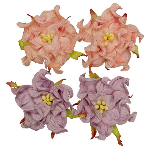 Handmade mulberry Gardenia, dia ~5cm, 4 pcs (2x SALMON, 2x LILAC)