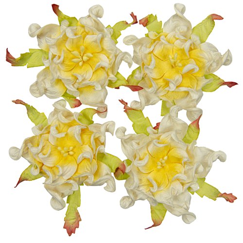 Handmade mulberry Gardenia, dia ~7cm, 4 pcs, WHITE-YELLOW