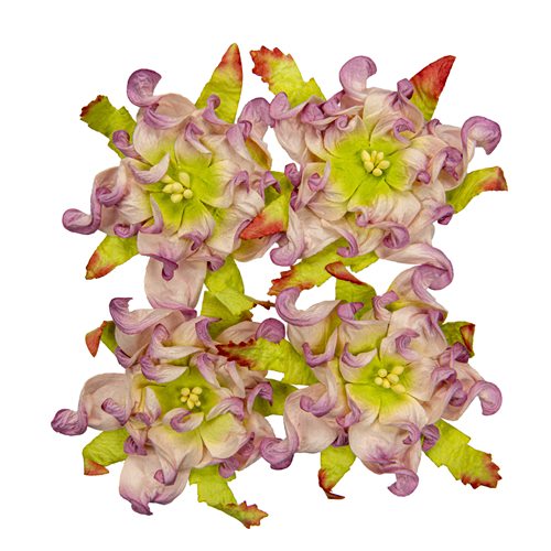 Handmade mulberry Gardenia, dia ~7cm, 4 pcs, PURPLE-WHITE-GREEN