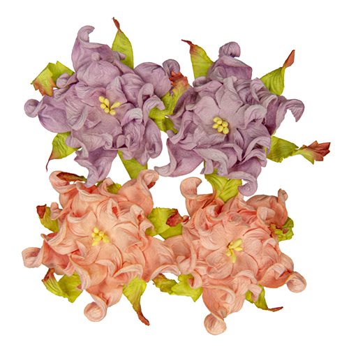 Handmade mulberry Gardenia, dia ~7cm, 4 pcs (2x SALMON, 2x LILAC)