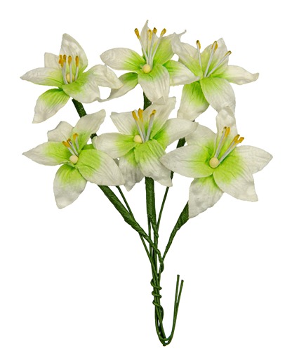 Handmade mulberry Lily, dia ~3cm, stem 7cm, 6 pcs, WHITE-GREEN