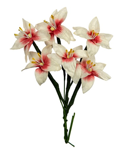 Handmade mulberry Lily, dia ~3cm, stem 7cm, 6 pcs, WHITE-RED