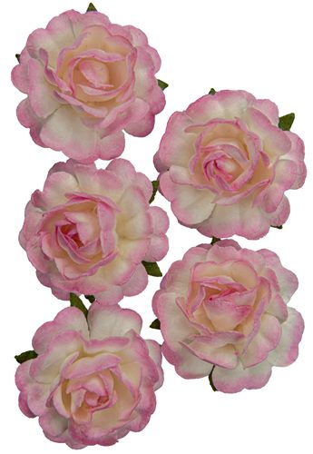 Handmade mulberry Jubilee roses, dia ~3,8cm, stem 6cm, 5 pcs, WHITE-PINK Handmade mulberry Jubilee roses, dia ~3,8cm, stem 6cm, 5 pcs, WHITE-PINK