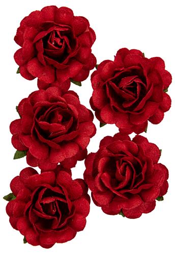 Handmade mulberry Jubilee roses, dia ~3,8cm, stem 6cm, 5 pcs, RED