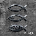 Set of mirrored silver plexiglass Christian Fish (3 pcs, 3 designs, 2- 6x2cm. 1-7x3cm)