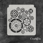 Stencil 184 – Clock and Gears, 15x16 cm x 0,35 mm, semi-translucent