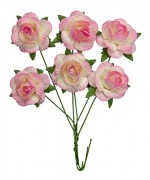Handmade mulberry Jubilee roses, dia ~2,5cm, stem 6cm, 6 pcs, WHITE-PINK