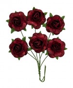 Handmade mulberry Jubilee roses, dia ~2,5cm, stem 6cm, 6 pcs, BORDEAUX